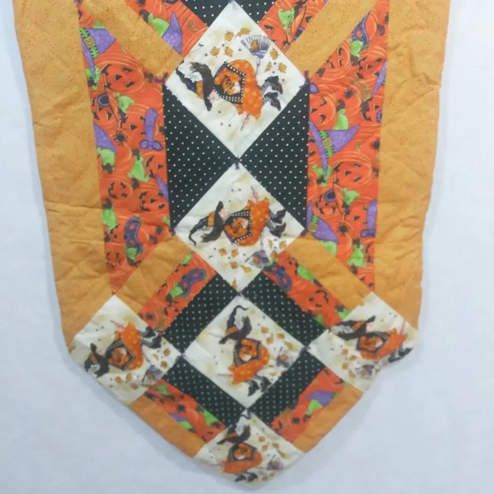 Handmade Halloween Quilted Table Runner Orange Black Witch